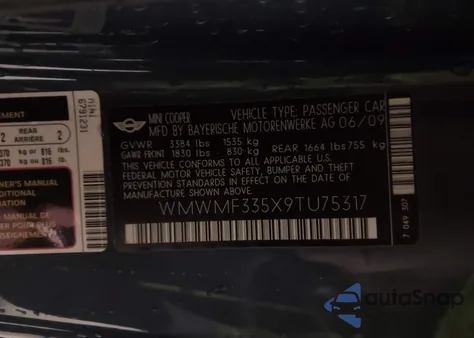 2009 Mini Cooper from USA, damaged, VIN WMWMF335X9TU75317